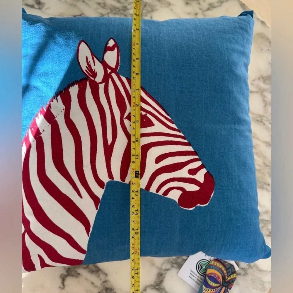 NWT Hand painted  and printed Zebra Accent Pillow Turquoise Blue Red 14” square